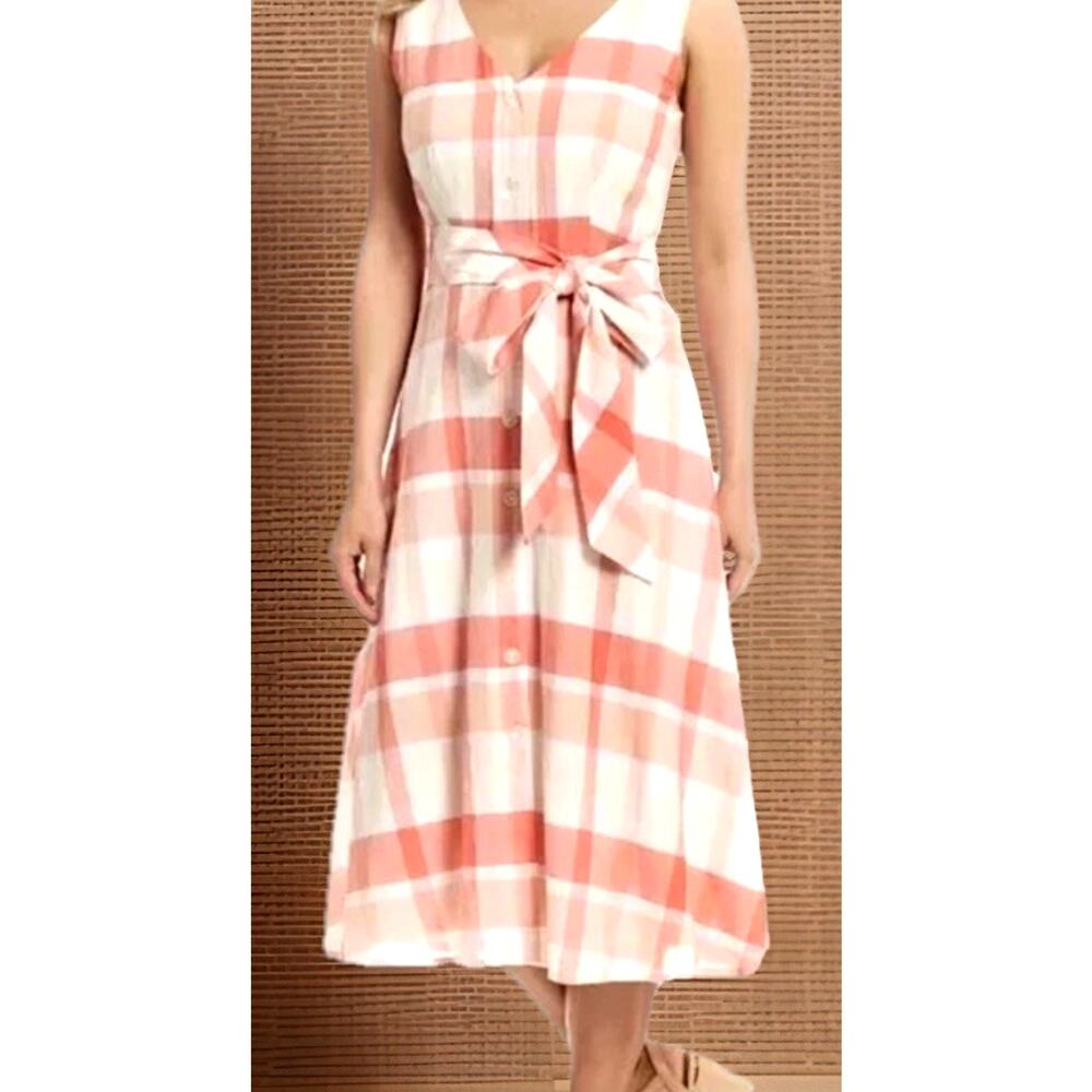 Alex Marie Plaid Dress midi A-Line “Reba” Pink Peach Coastal Prairie Sz 8 $160